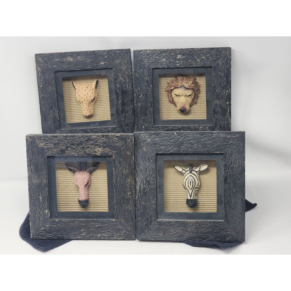 Four African Tribal Jungle Zebra Lion Cheetah Giraffe 3D Box Wall Decor Pictures